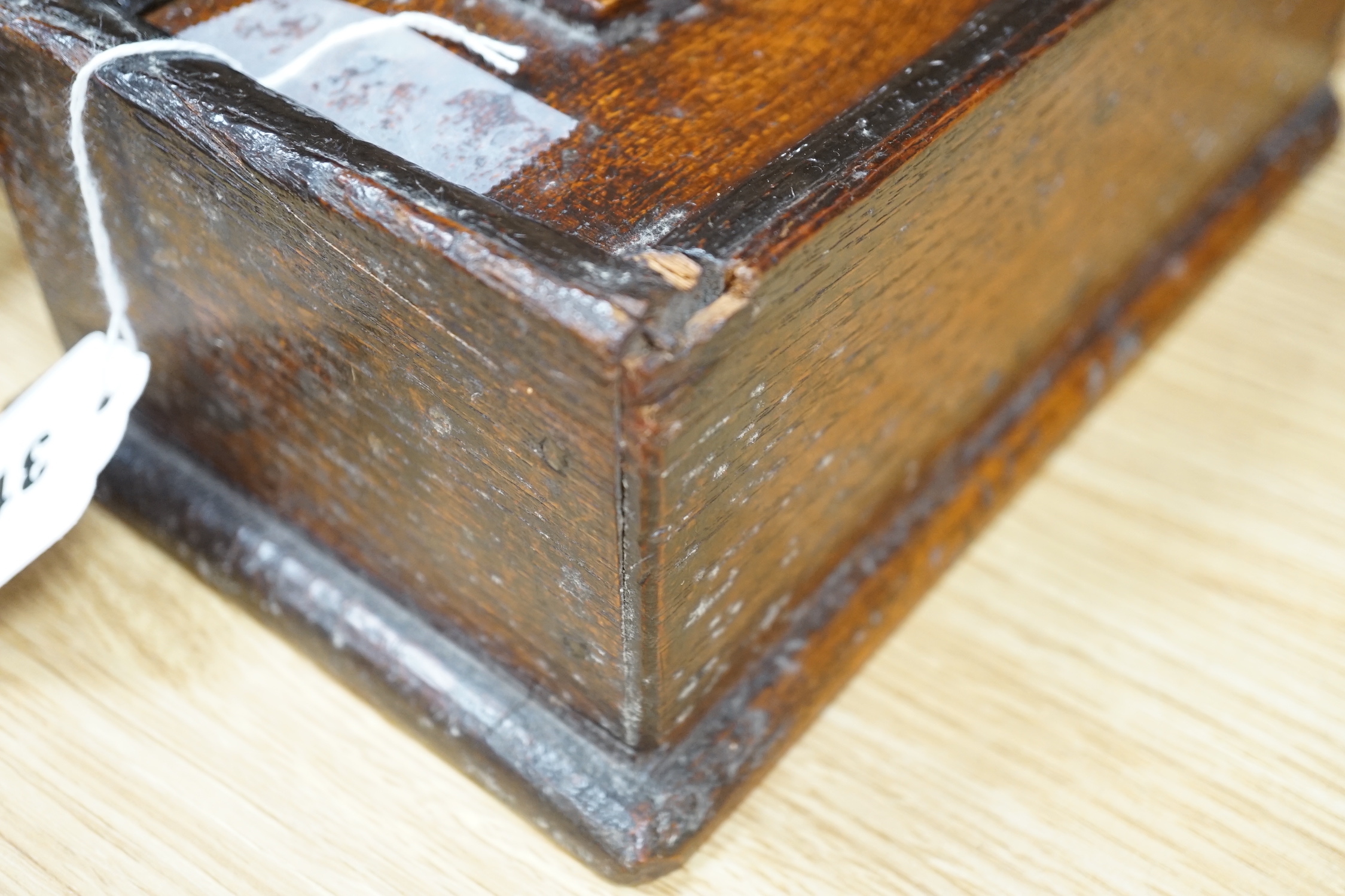 An 18th century oak salt/herb box, a collection of treen boxes, wood block and a pottery box and stone (10), salt box 31cms high